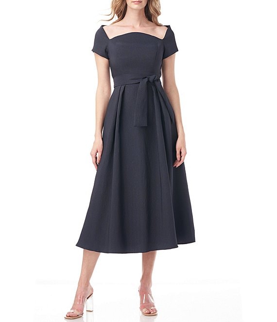 Kay Unger Tie Waist Cap Sleeve Pocketed Square Neck Pleated Midi Dress