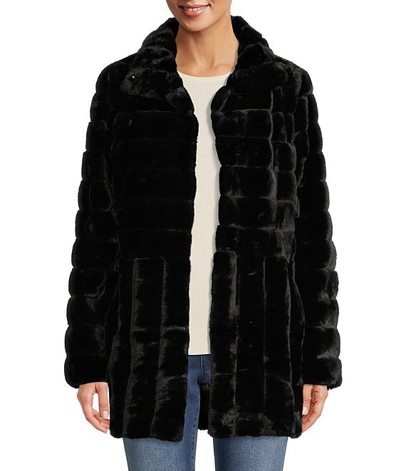Kenneth Cole New York Faux Fur Grooved Stand Collar Single Breasted ...
