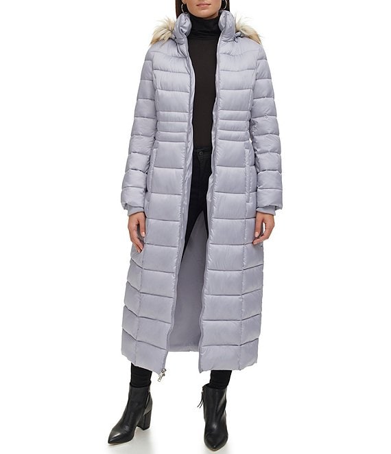 Color:Silver - Image 1 - Faux Fur Trim Hooded Maxi Down Puffer Maxi Coat
