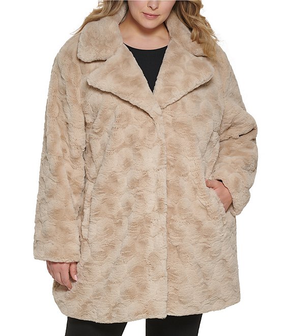 Color:Champagne - Image 1 - Plus Size Grooved Faux Fur Notch Collar Coat