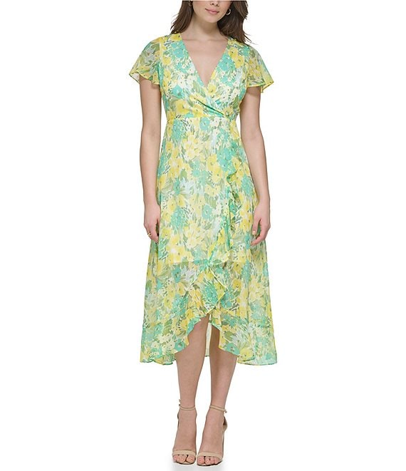 Kensie Floral Print Chiffon Flounce High-low Hem Faux Wrap Dress ...