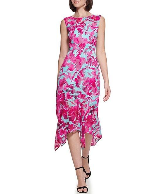 Kensie Floral Print Round Neckline Sleeveless Hanky Hem Midi Dress ...