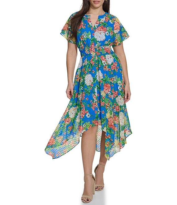 Floral Short Sleeve Asymmetrical Hem Midi Dress