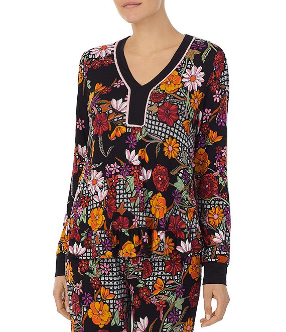 Color:Black/Multi - Image 1 - Knit Patchwork Floral Print Long Sleeve V-Neck Coordinating Sleep Top