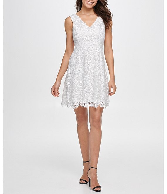 Kensie Metallic Lace V-Neck Sleeveless Fit and Flare Dress | Dillard's