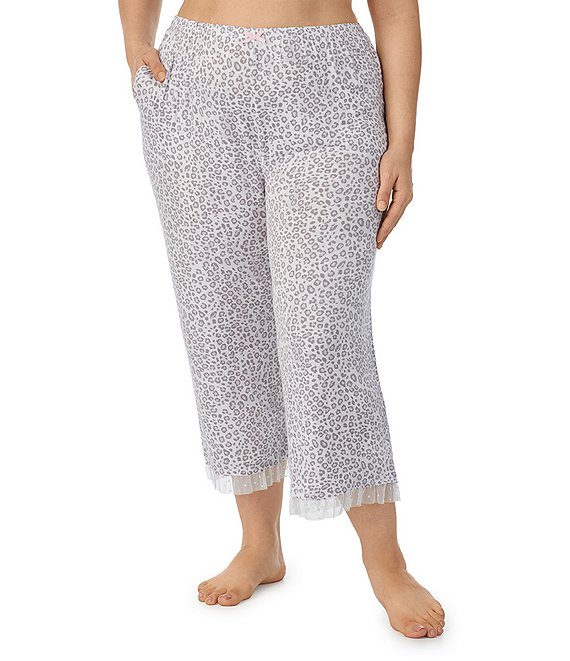 Color:Grey Print - Image 1 - Plus Size Animal Print Knit Elastic Waist Dot Mesh Ruffle Coordinating Capri Sleep Pants