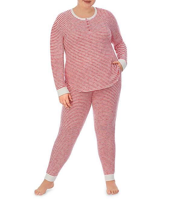 Kensie Plus Size Striped Print Long Sleeve Henley Pullover & Joggers Marshmallow Jersey Pajama Set