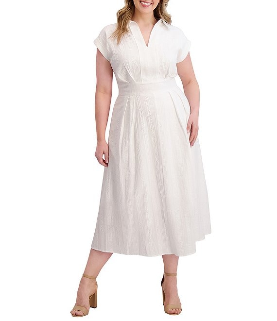 Kensie Plus Size Striped Woven Collared V-Neckline Short Sleeve A-Line Midi Dress