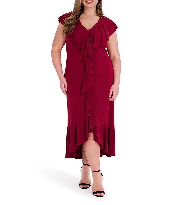 Kensie Plus V-Neck Cap Sleeve Cascading Ruffle Jersey Knit Dress