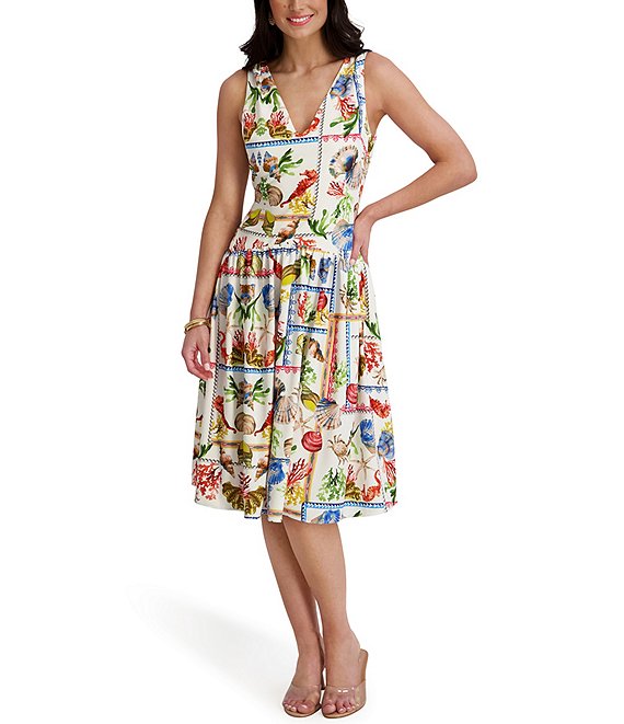 Kensie Postcard Print V-Neck Sleeveless Midi Dress