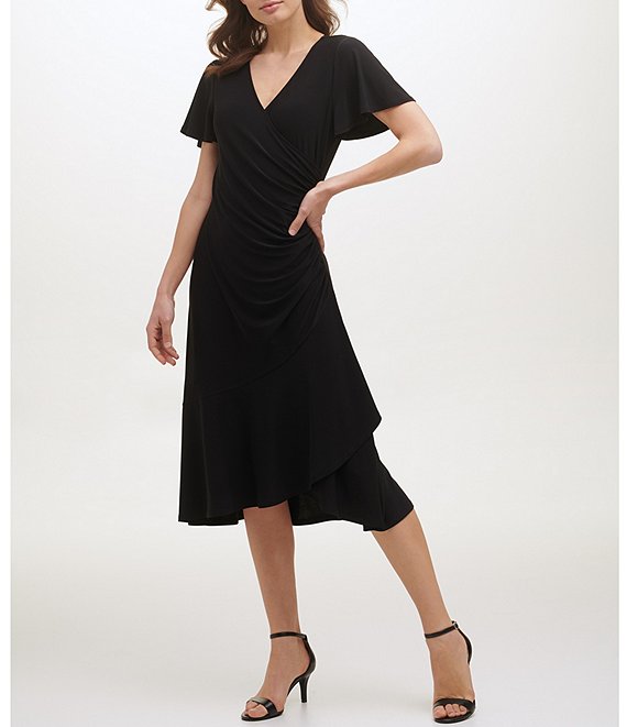 Color:Black - Image 1 - Ruched Waist Faux Wrap Surplice V-Neck Short Flutter Sleeve Midi Dress
