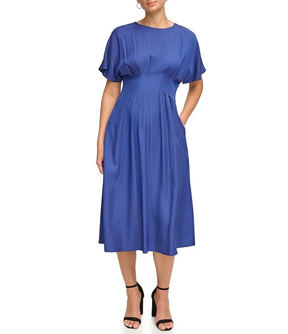Color:Navy - Image 1 - Short Sleeve Smocked Waist A-Line Midi Dress