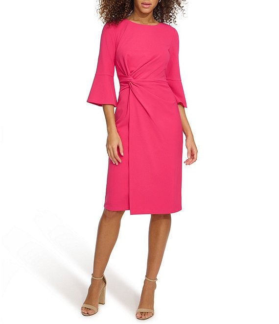 Kensie Stretch Boat Neck Mid Length Bell Sleeve Twist Waist Faux Wrap Skirt Sheath Dress Dillard s