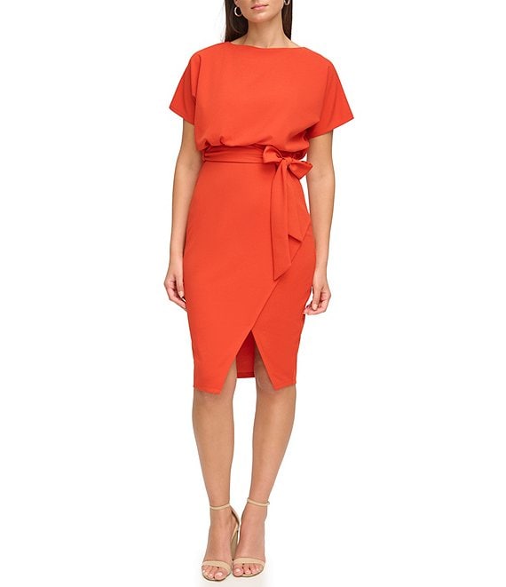 Color:Burnt Orange - Image 1 - Textured Knit Boat Neck Self-Tie Waist Faux Wrap Blouson Dress