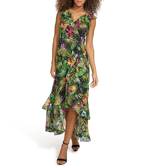 Kensie Tropical Floral Print V-Neck Flutter Sleeve High Low Midi Dress ...