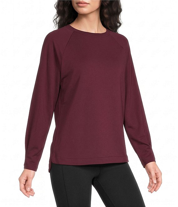 Kinesis Crew Neck Long Sleeve Side Slit Fleece Top