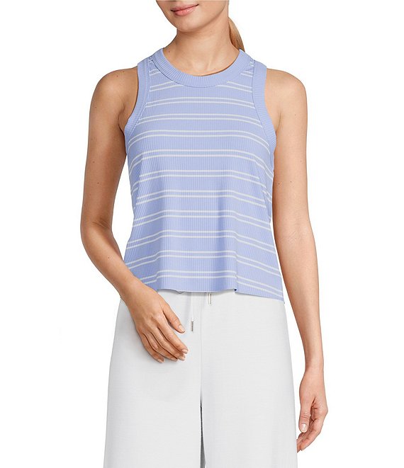 Color:Open Air and White - Image 1 - Crew Neck Striped Print Ribbed Knit Sleeveless Tank