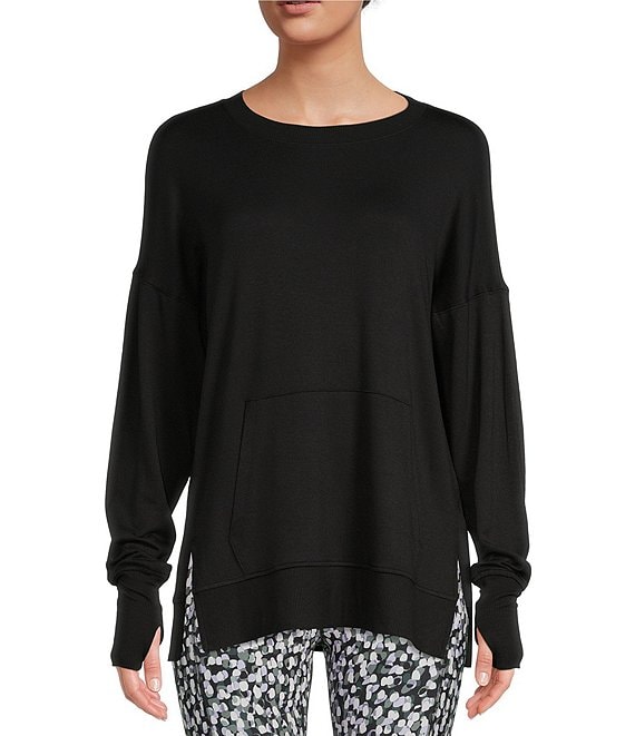 Color:Black - Image 1 - Lifestyle Long Sleeve Jewel Neck Kangaroo Pocket Sweatshirt