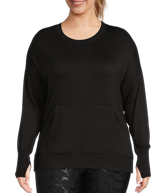 Color:Black - Image 1 - Plus Size Lifestyle Jewel Neck Long Sleeve Kangaroo Pocket Ribbed Hem Sweatshirt