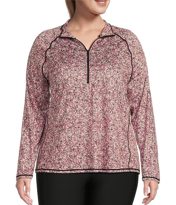 Kinesis Plus Size Long Sleeve Half Zip Front Static Ditsy Pullover