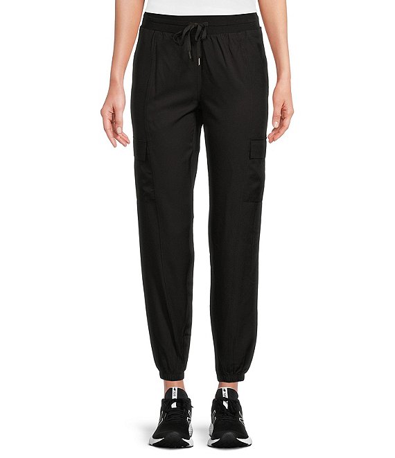 Color:Black - Image 1 - Woven Elastic Cinched Cuff Ribbed Waistband Flap Pocket Ankle Joggers