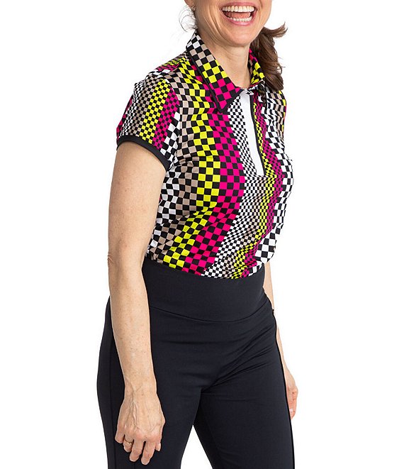 Color:Checks Mix Print - Image 1 - Check Print Up and In Short Sleeve Point Collar Snap Front Golf Top