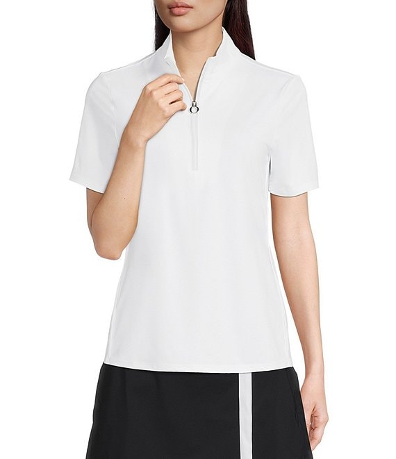 Color:White - Image 1 - Keep It Covered Short Sleeve Quarter Zip Mock Neck Golf Top