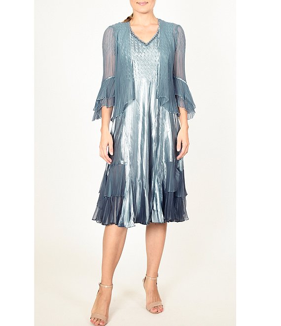 Komarov Beaded V-Neck 3/4 Tiered Bell Sleeve 2-Piece Jacket Dress