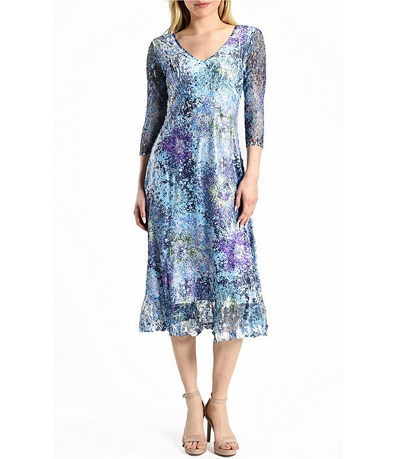 Komarov Charmeuse Pleated V-Neck 3/4 Sleeve Lace Dress | Dillard's