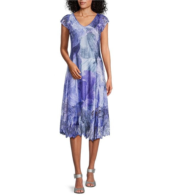 Komarov Charmeuse Printed V-Neck Cap Sleeve Pleated Lace Insert Dress ...