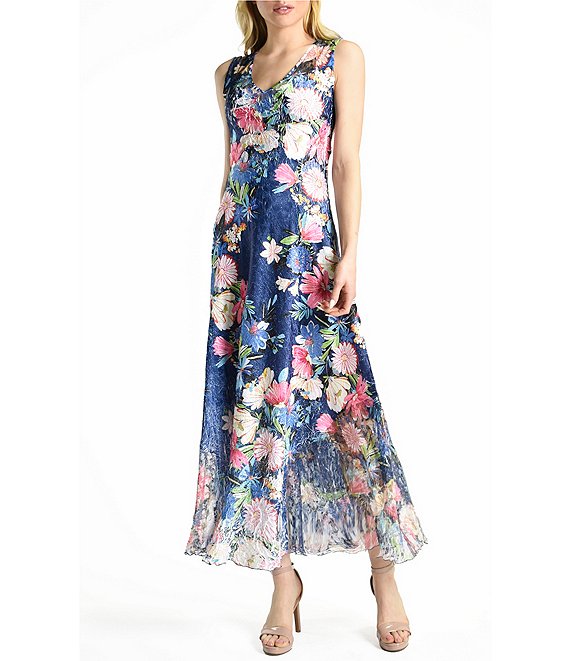 Komarov Floral Print Charmeuse V Neck Sleeveless Lace Detail Maxi Dress