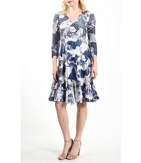 Komarov Floral Print Pleated V-Neck 3/4 Sleeve A-Line Dress | Dillard's