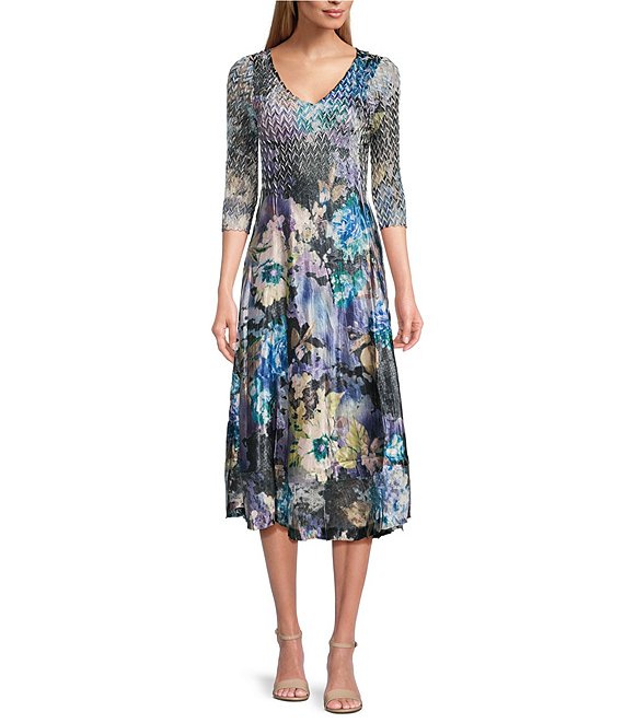 Color:Flocked Velvet - Image 1 - Floral Print V-Neck 3/4 Lace Sleeve A-Line Midi Dress