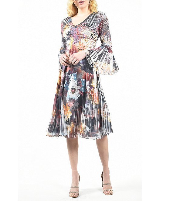 Komarov V-Neck Sheer Hem 3/4 Sleeve Midnight Vine Floral Print Charmeuse  Midi Dress