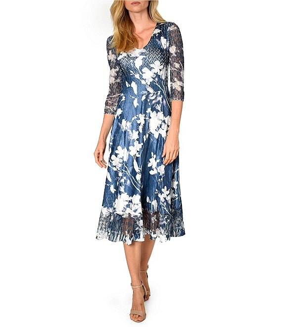 Color:Midnight Vine - Image 1 - V-Neck Sheer Hem 3/4 Sleeve Midnight Vine Floral Print Charmeuse Midi Dress