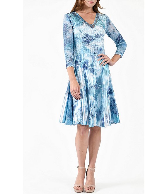 Komarov Pleated Charmeuse V-Neckline 3/4 Sleeve Dress | Dillard's