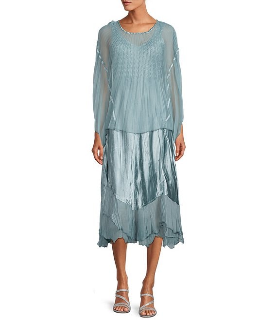 Color:Ocean - Image 1 - Popover Chiffon Jewel Neck Long Sleeve Handkerchief Hem Midi Dress