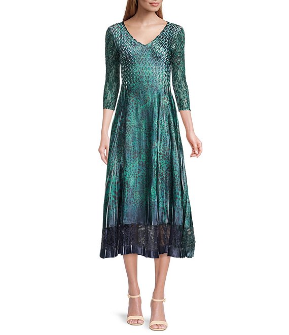 Komarov V-Neck 3/4 Lace Sleeve Pleated Charmeuse Floral Print Midi Dress