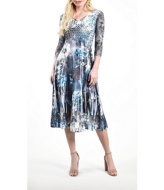 Komarov Floral Print 3/4 Lace Sleeve Pleated A-Line Midi Dress | Dillard's