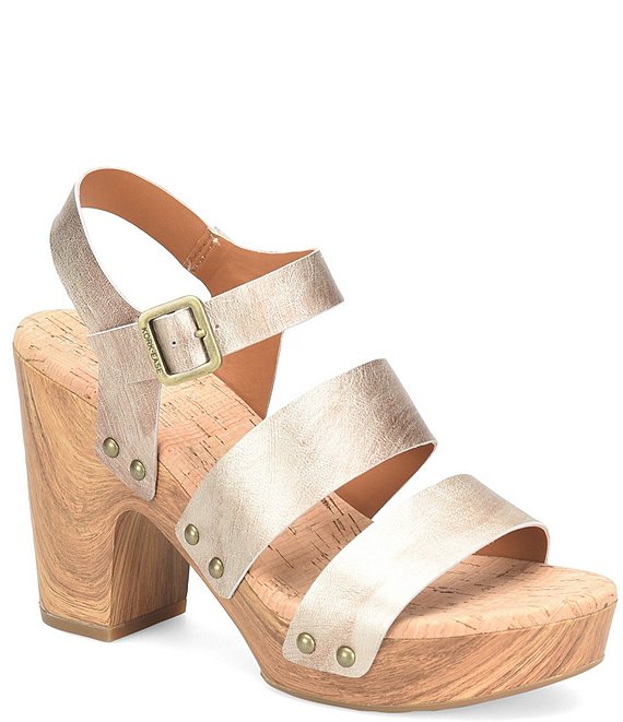 Kork-Ease Della Metallic Leather Ankle Strap Wood Platform Sandals