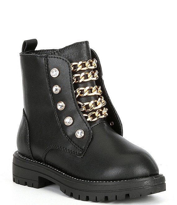 Color:Black - Image 1 - Girls' Mini Bax Leather Rhinestone Chain Combat Boots (Infant)