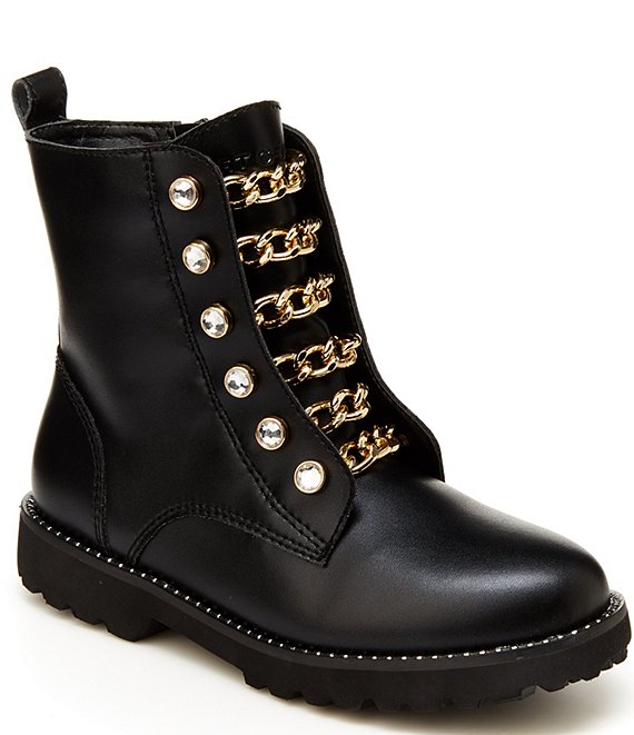 Color:Black - Image 1 - Girls' Mini Bax Leather Chain Rhinestone Combat Boots (Youth)