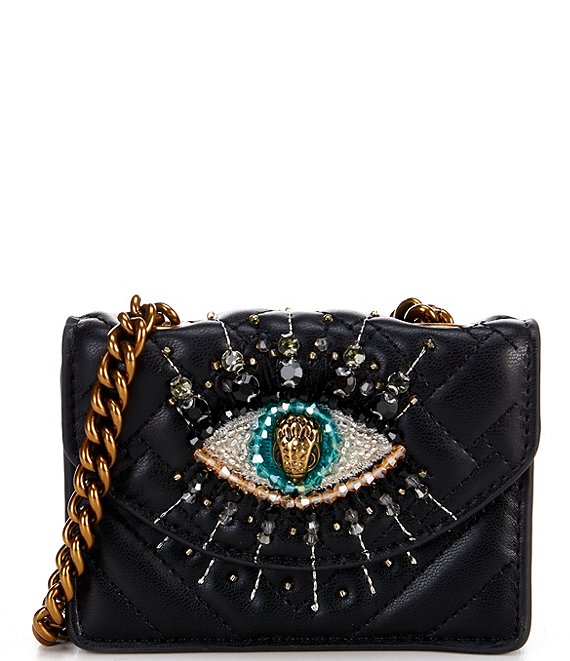 Color:Black - Image 1 - Kensington Micro Embellished Rhinestone Eye Quilted Vegan Leather Crossbody Bag