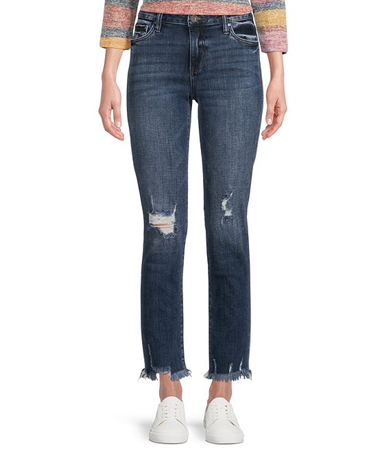 Color:Definite/Medium Base Wash - Image 1 - Reese High Rise Ankle Straight Fray Hem Denim Jeans