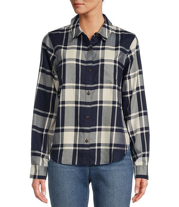 L.L.Bean® Feather-Soft Brushed Twill Plaid Print Point Collar Long ...