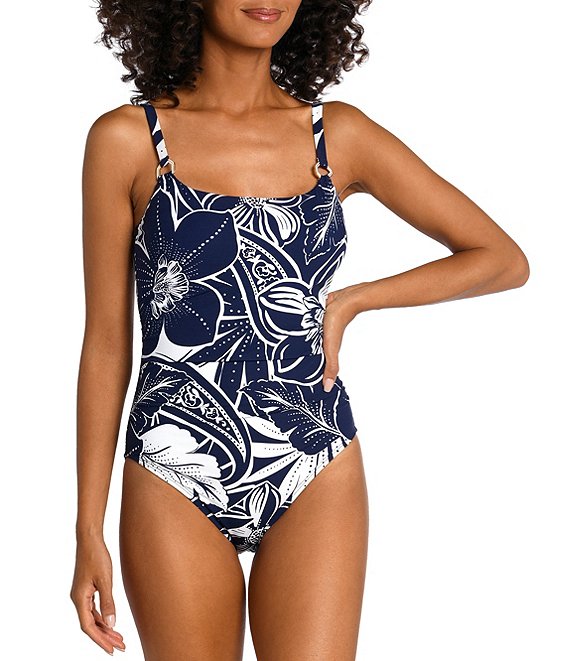 La Blanca At the Playa Floral Print Grommet Detailed One Piece Swimsuit