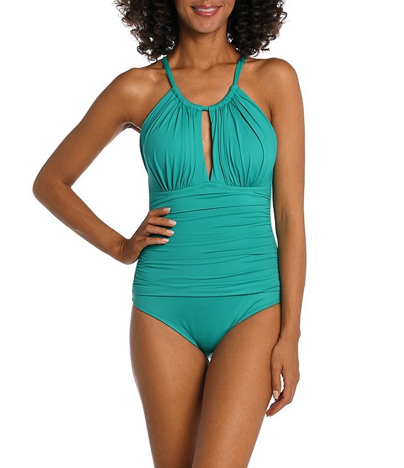 Color:Emerald - Image 1 - Island Goddess High Neck One Piece Swimsuit