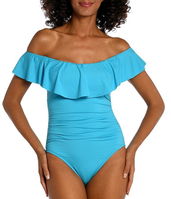 Color:Azul - Image 1 - Island Goddess Off-the-Shoulder Ruffle One Piece