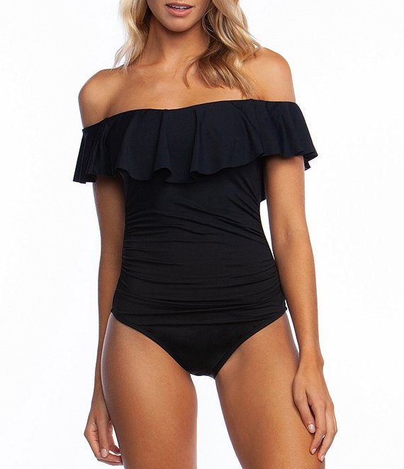 Color:Black - Image 1 - Island Goddess Off-the-Shoulder Ruffle One Piece