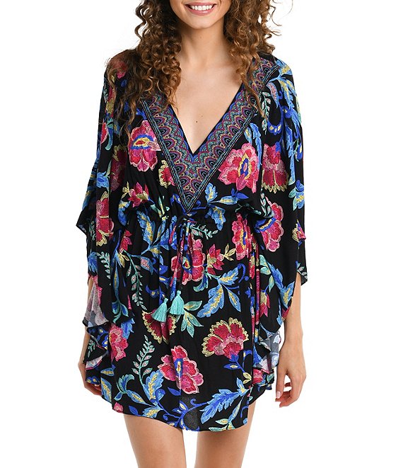 La Blanca Midnight Magic Floral Print V Neck Drawstring Waist Caftan Swim Cover Up Dillard s